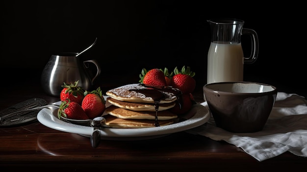 A plate of pancakes with strawberries on a wooden table