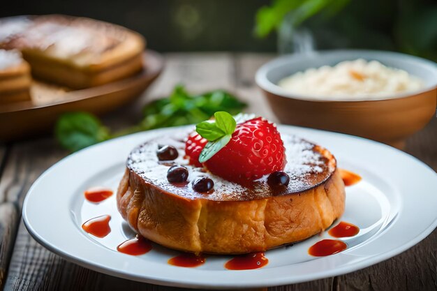 A plate of pancakes with a strawberry on top of it