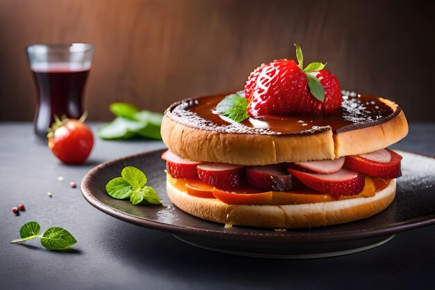 A plate of pancakes with a strawberry on top