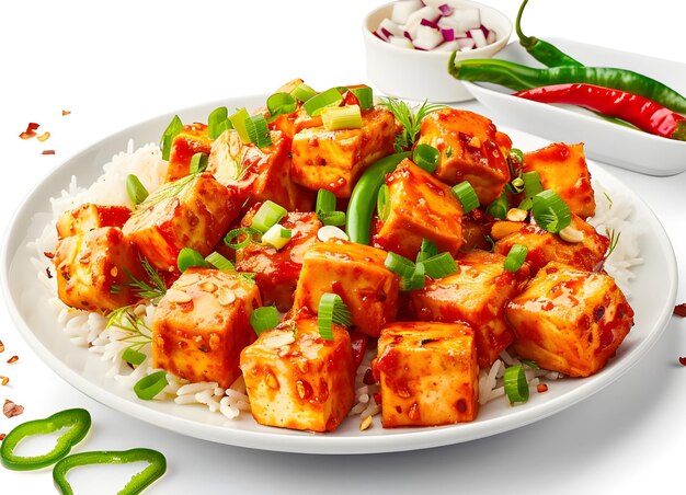 a plate of paneer with rice and vegetables on it