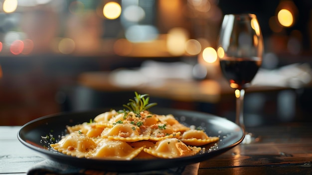 Foto un piatto di pasta accanto a un bicchiere di vino