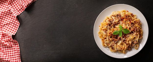 Plate of pasta bolognese top view