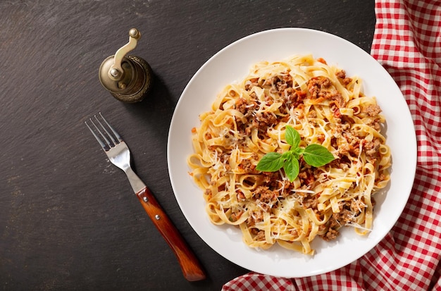 Plate of pasta bolognese top view