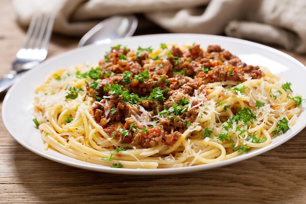 Plate of pasta bolognese