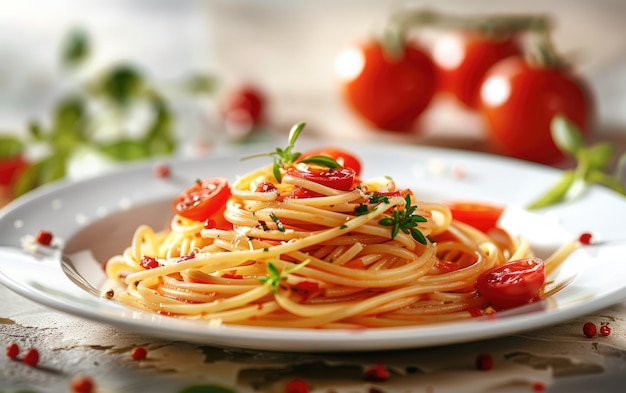 a plate of pasta spaghetti on the traditional background advertising food photo ai generated