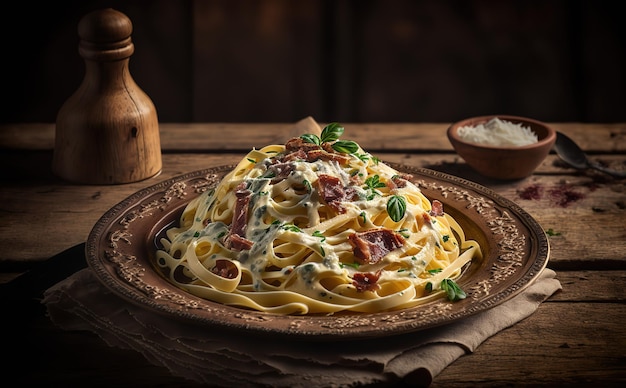 A plate of pasta with bacon and cheese on it