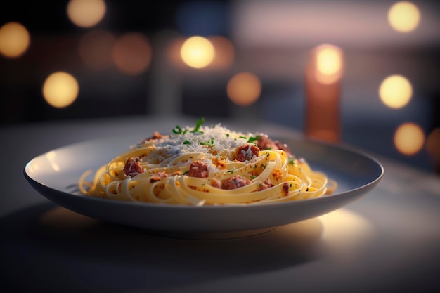 Photo a plate of pasta with bacon on it