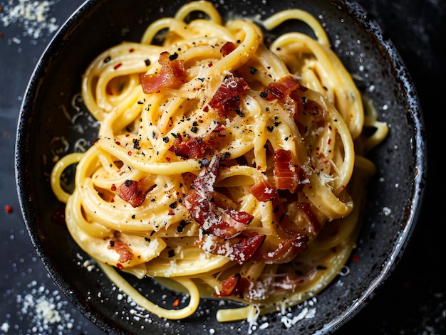 Photo a plate of pasta with bacon and parmesan