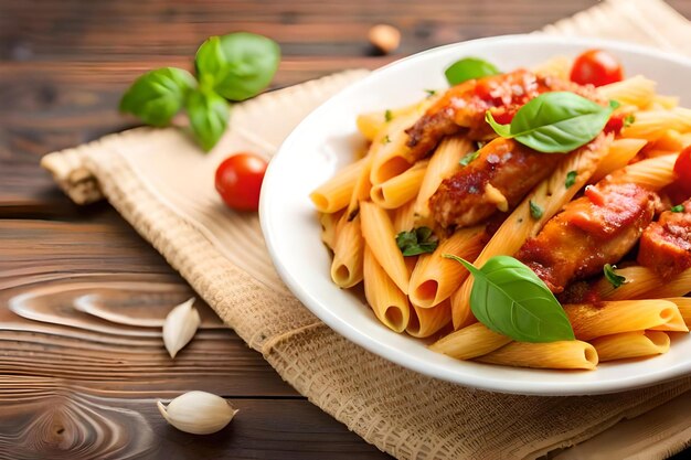 A plate of pasta with basil and basil on a wooden table