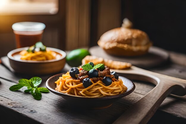 a plate of pasta with blueberries and cheese on a wooden table.