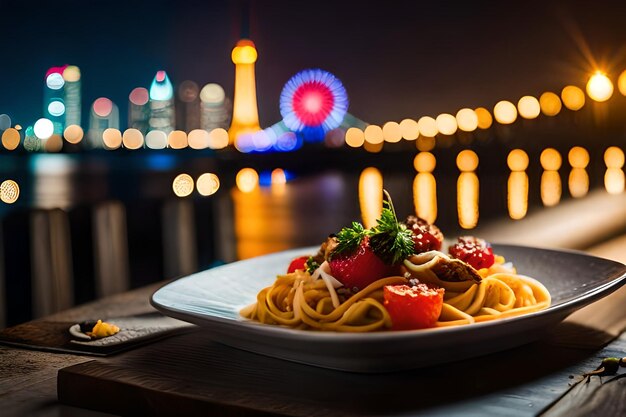 a plate of pasta with a blurred city in the background