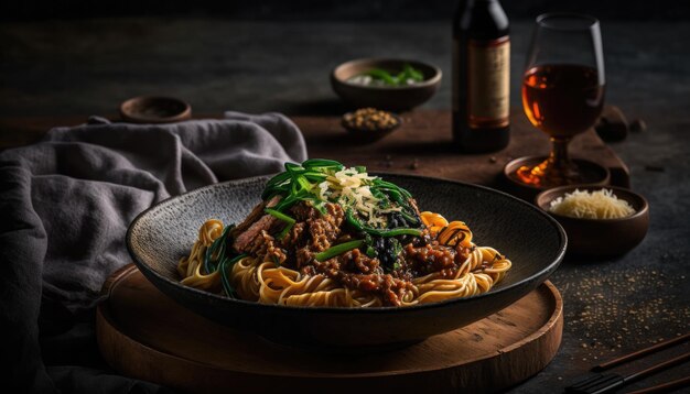 A plate of pasta with a bottle of beer in the background