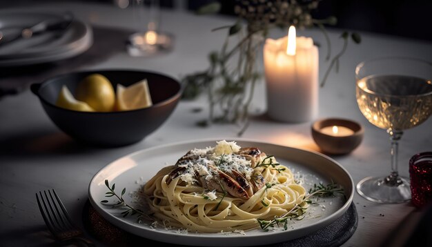 A plate of pasta with a candle in the background