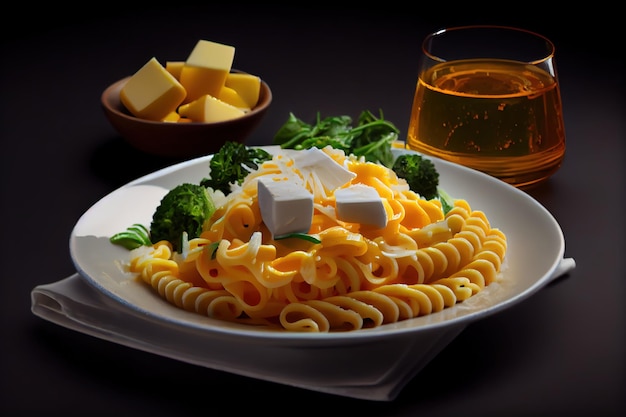 A plate of pasta with cheese and broccoli next to a glass of beer.