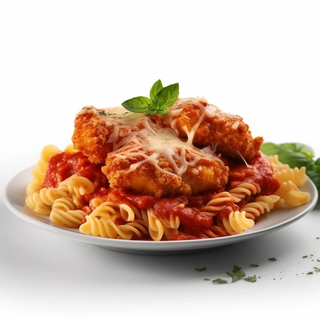 Photo a plate of pasta with chicken and pasta on it