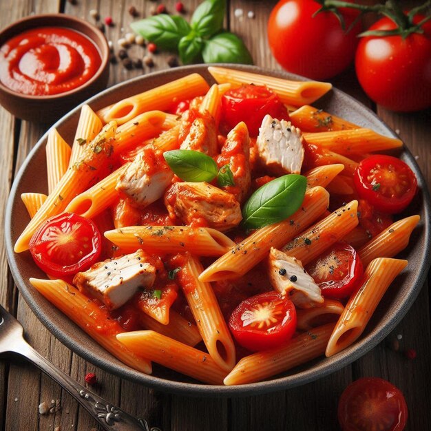 Photo a plate of pasta with chicken and tomatoes and tomatoes