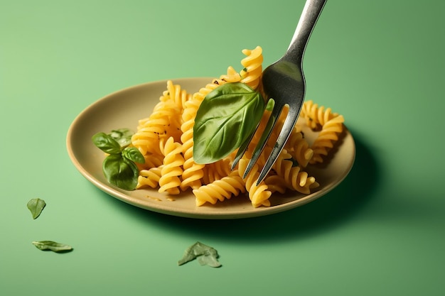 A plate of pasta with a fork and a sprig of basil on it.