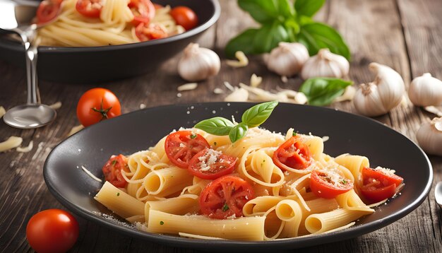 Photo a plate of pasta with garlic and tomatoes