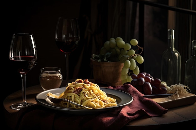 Photo a plate of pasta with grapes and grapes on a table.