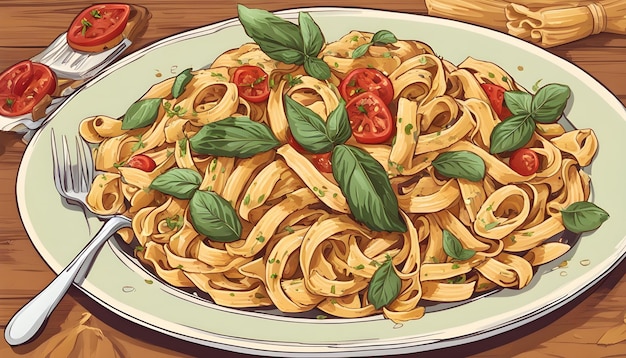 A plate of pasta with a green leaf on it