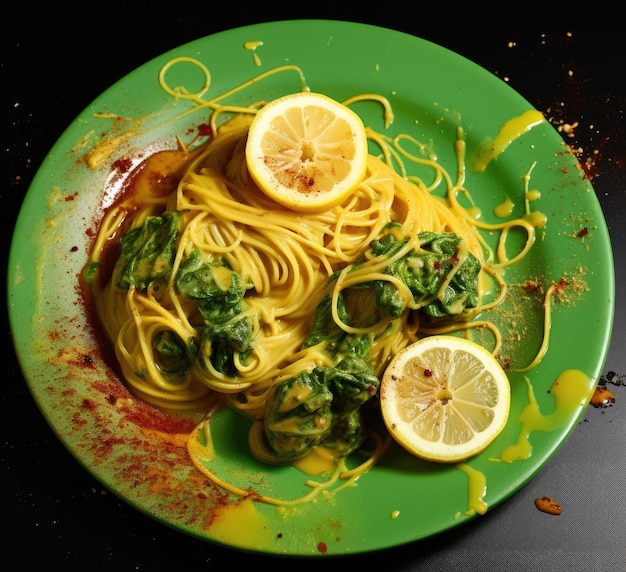 a plate of pasta with lemon slices on top