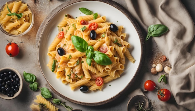 Photo a plate of pasta with olive oil and tomatoes