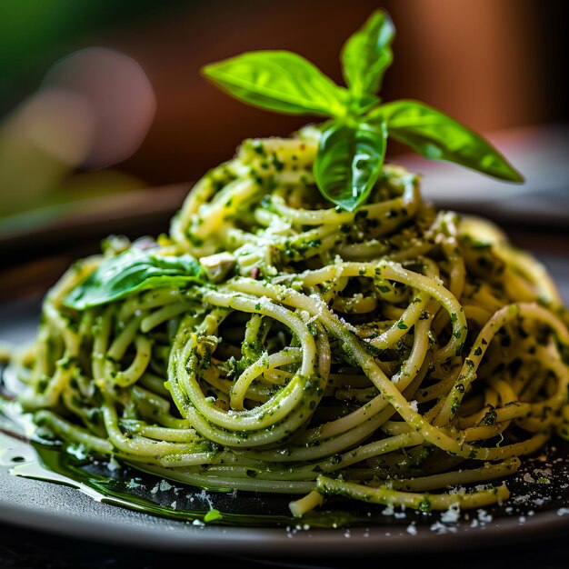 Photo a plate of pasta with pesto sauce