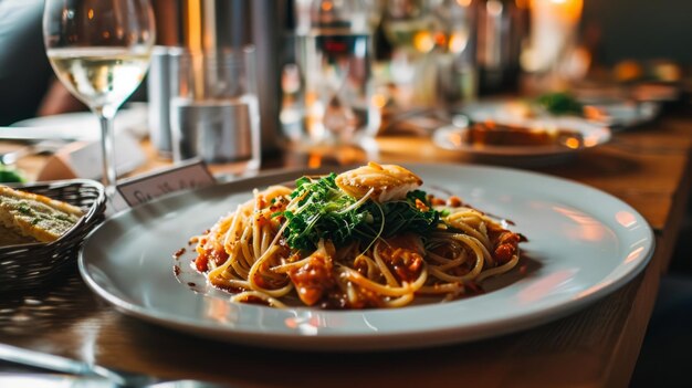 a plate of pasta with a piece of meat on top