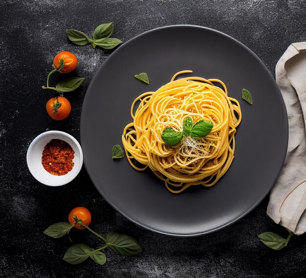 A plate of pasta with a small bowl of parmesan on the table next to a bowl of dried herbs.