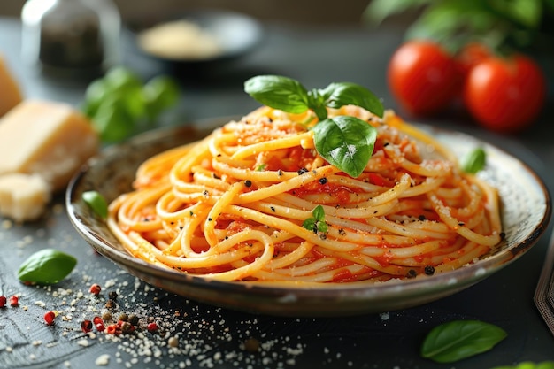 A plate of pasta with a sprig of basil on top