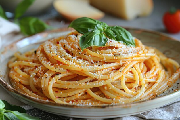 Foto un piatto di pasta con un ramoscello di basilico sopra