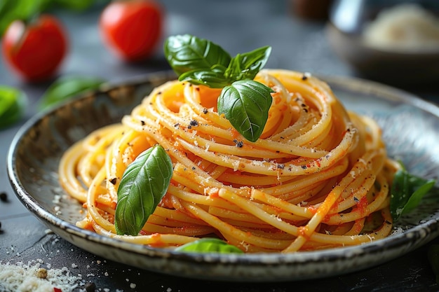 A plate of pasta with a sprig of basil on top