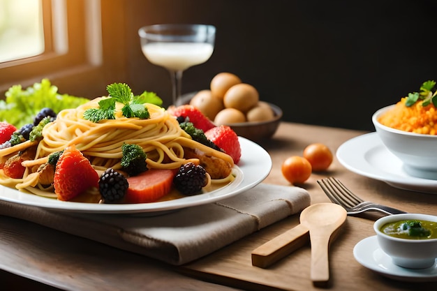 A plate of pasta with strawberries and blackberries on a table.