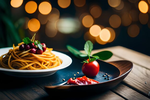 a plate of pasta with a tomato and pasta on it