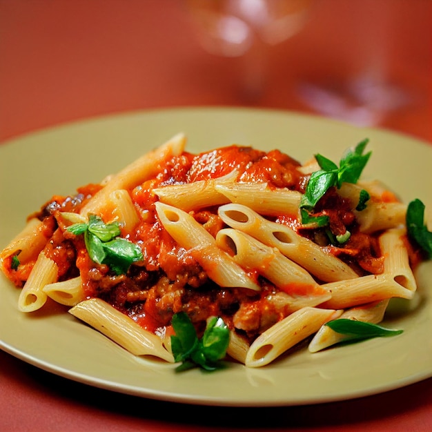 A plate of pasta with a tomato sauce and basil garnish.