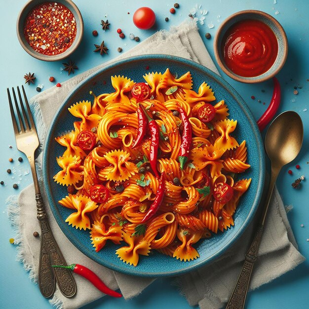 Foto piatto di pasta con salsa di pomodoro e aspetto piccante vista dall'alto ai generato