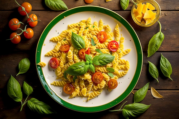 A plate of pasta with tomatoes and basil on it