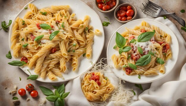 Photo a plate of pasta with tomatoes and basil on it