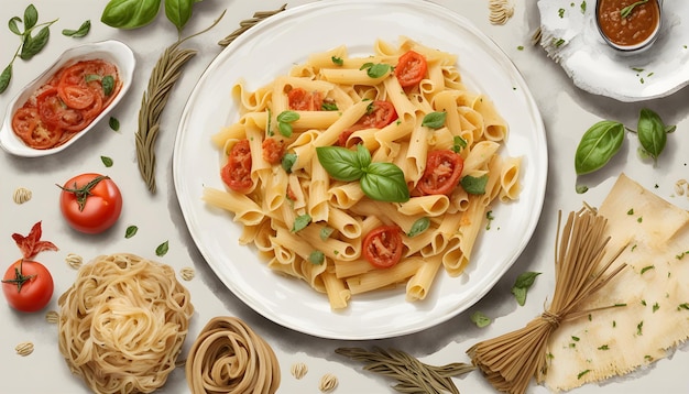 a plate of pasta with tomatoes and basil on it