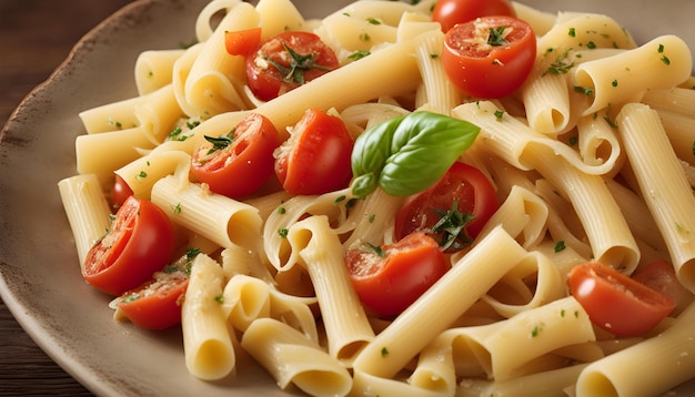Photo a plate of pasta with tomatoes and basil on it
