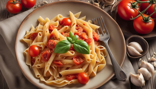 a plate of pasta with tomatoes and basil on it