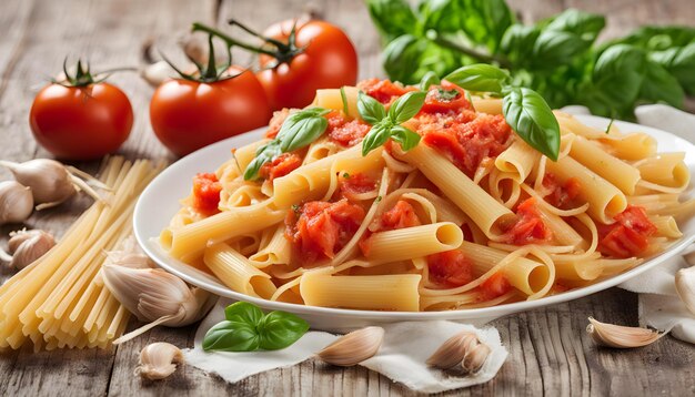 Photo a plate of pasta with tomatoes and basil on it