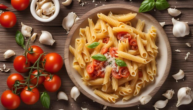 Photo a plate of pasta with tomatoes and basil on it