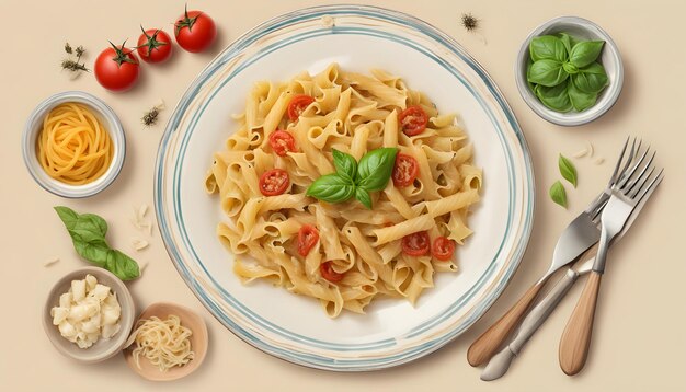 a plate of pasta with tomatoes and basil on it