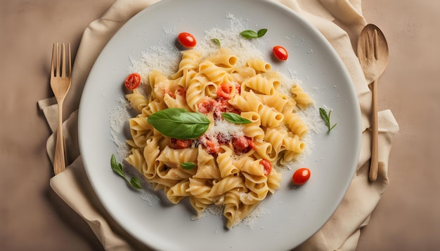 a plate of pasta with tomatoes and basil on it