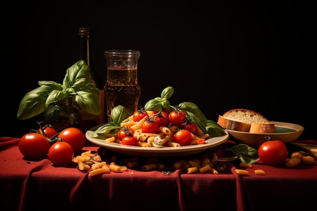 Foto un piatto di pasta con pomodori e basilico su un tavolo