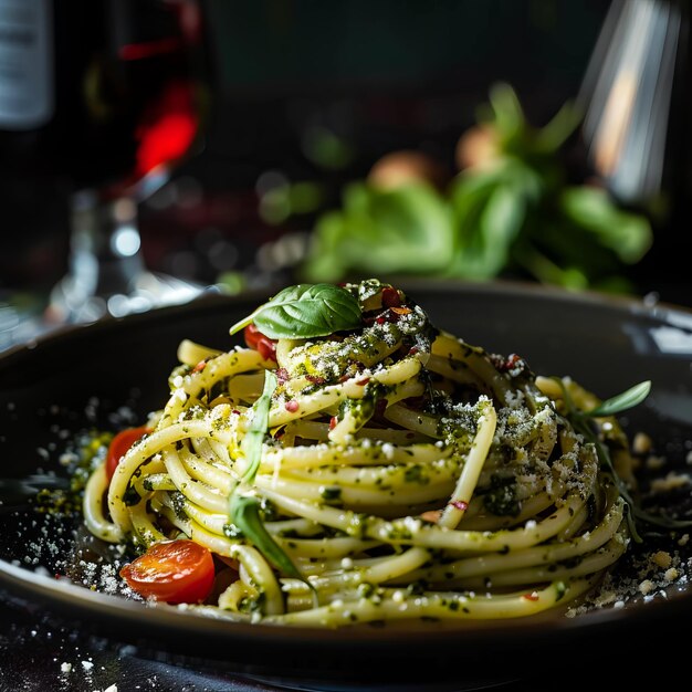 Photo a plate of pasta with tomatoes and basil