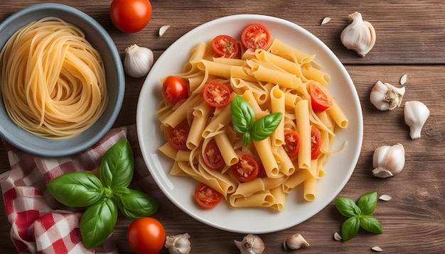 a plate of pasta with tomatoes garlic and garlic