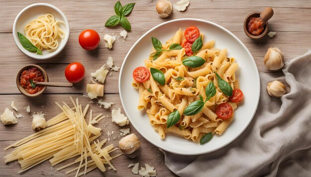 a plate of pasta with tomatoes tomatoes and basil