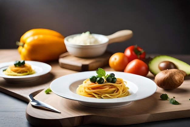 A plate of pasta with vegetables and fruit on a table.